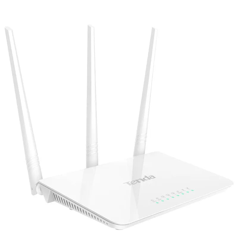 Tengda F3 white wireless router for 108Mbps broadband with VPN support on a desk