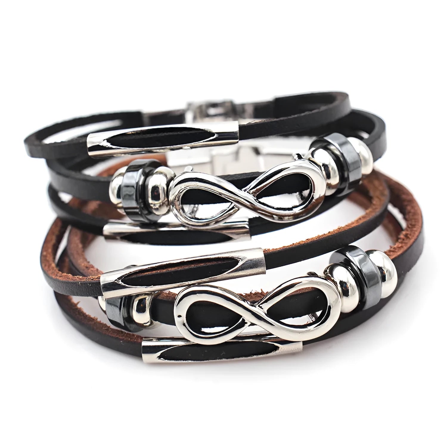 Men's leather bracelet retro geometry design black colour 21cm total length metal fitting