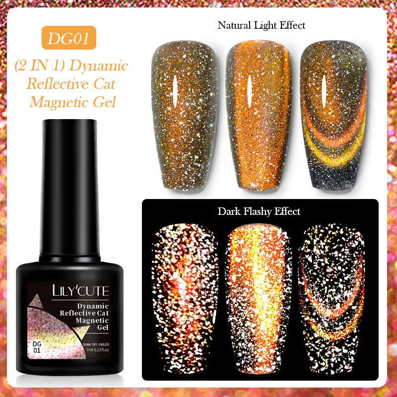 Cat eye nail polish gel bottles showing six colour options with diamond glitter fragments