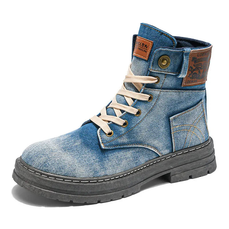 Plus size men's mid-top canvas Martin boots in black, round toe, PVC sole injection moulded