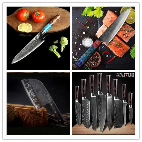 Eight-piece kitchen knife set with Damascus steel chef's knife and various blade sizes for food preparation