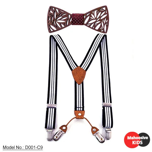 Children's wooden bow tie with matching striped suspenders and belt for boys, nine colour options available.