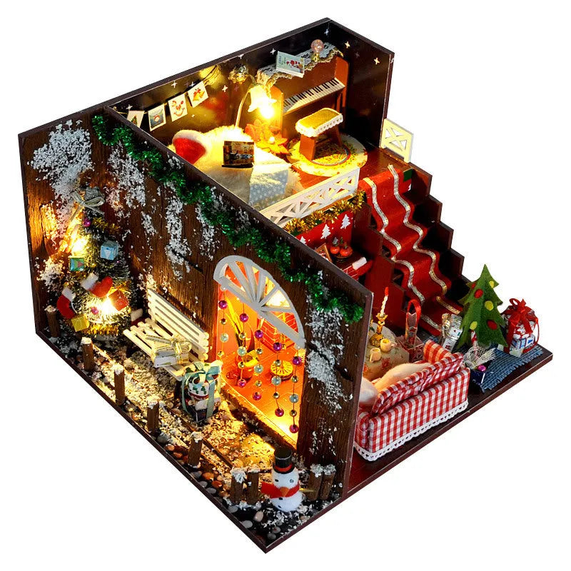DIY Christmas cottage miniature house kit with LED lights, wood construction, cabin style, 22 x 20.5 x 13.7 cm