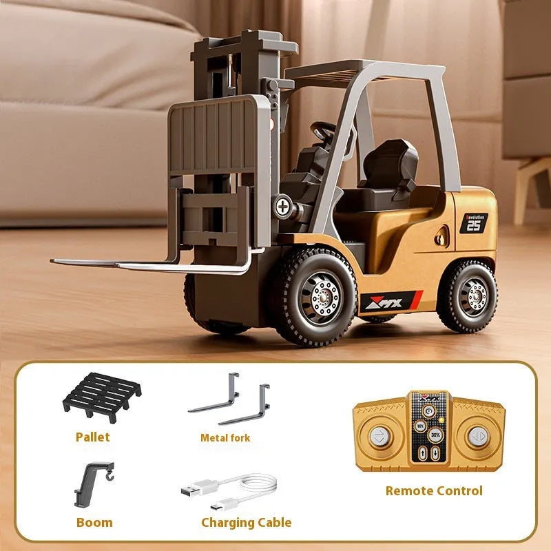 1:64 scale mini alloy forklift remote control toy with cargo accessories on display