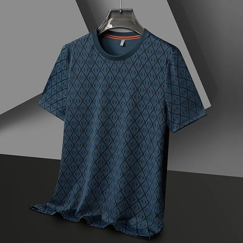 Men's loose fit ice silk polyester short sleeve t-shirt in black, shown on a hanger.