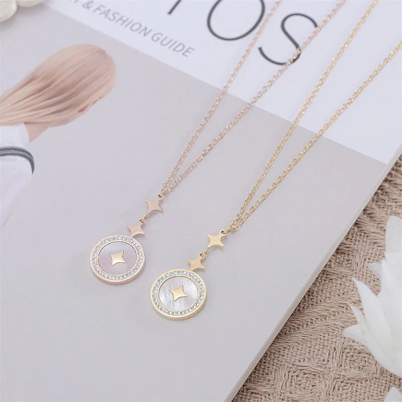 Six-pointed star titanium steel necklace with O-ring chain in rose gold or gold colour options