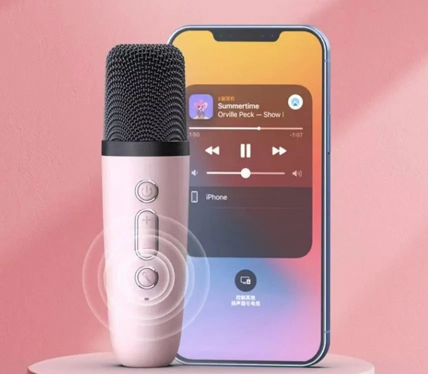 Portable Bluetooth karaoke microphone speaker in pink, sky blue or white colour with card recording slot