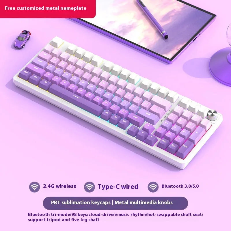 98-key wireless Bluetooth mechanical keyboard kit with metal knob and multiple colour background options