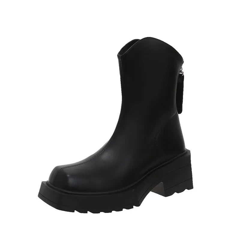 Women's black platform Martin boots with square toe and 6-8cm high heel