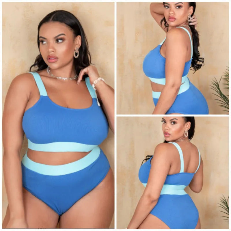 Women's solid colour high-waisted bikini set with split briefs on a white background.