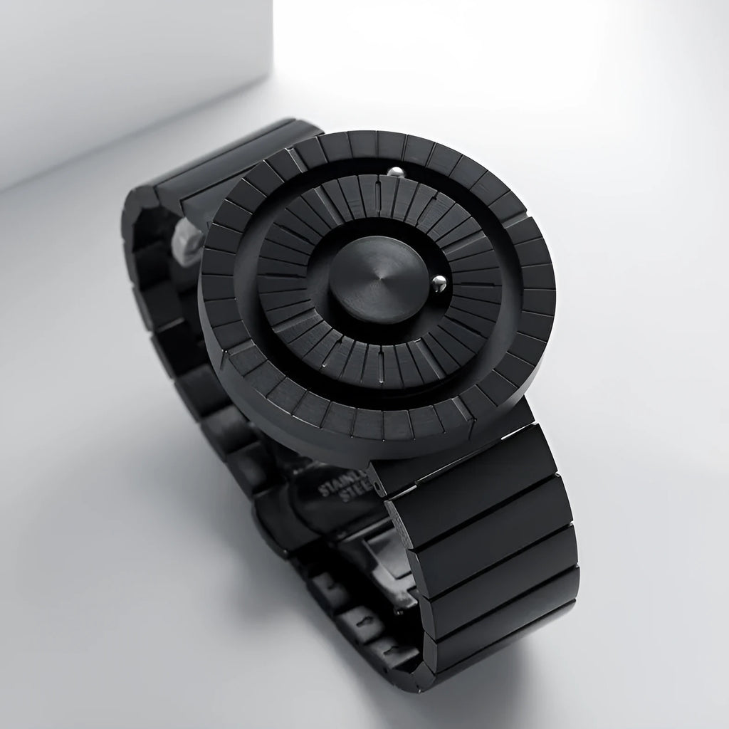 Bead men's creative sports watch with round dial and black stainless steel strap