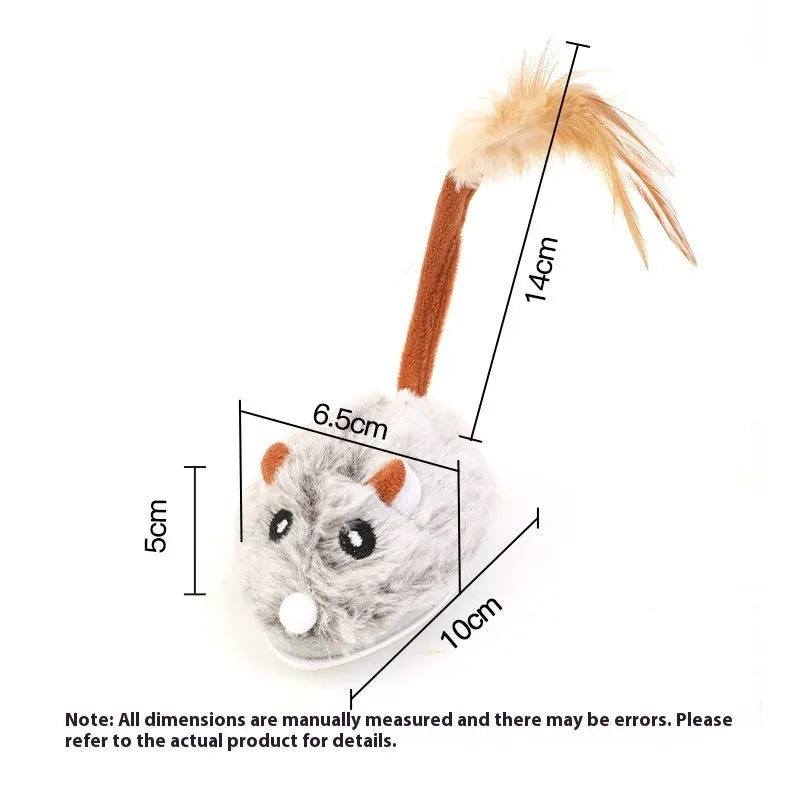 Electric cat toy with a plush mouse on a pole, shown in pink, grey, and purple colour options.