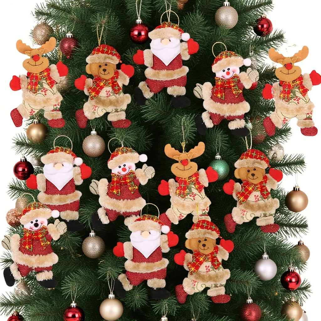Set of 4 festive Christmas tree ornaments Santa snowman reindeer bear figures with red white scarves gold balls red bows