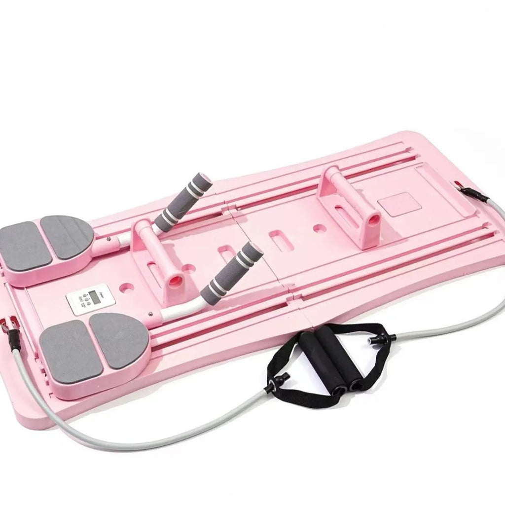 Purple, black, and pink foldable PP plastic belly panel fitness board on a white background.