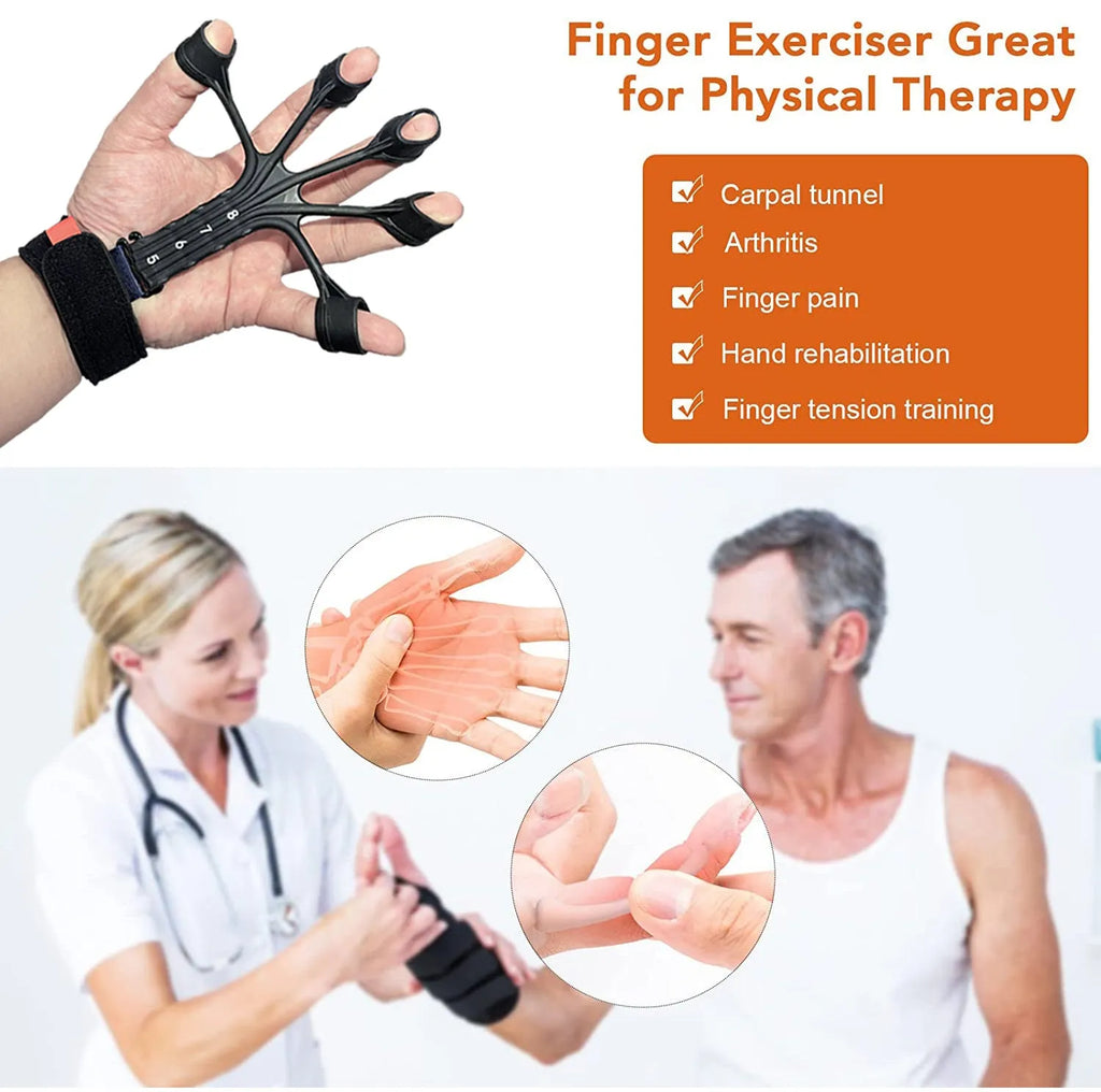 Black silicone finger flexion and extension rehabilitation trainer with adjustable resistance belt
