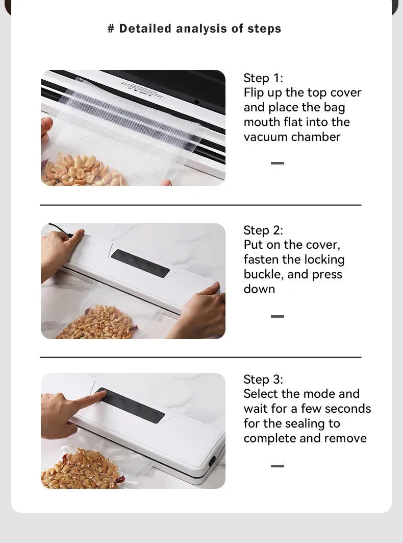 White compact automatic vacuum sealer machine for household food preservation on kitchen counter