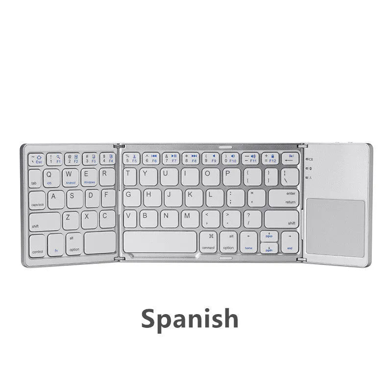 Black tri-fold folding Bluetooth keyboard with touchpad, shown both folded and unfolded next to a mobile phone.