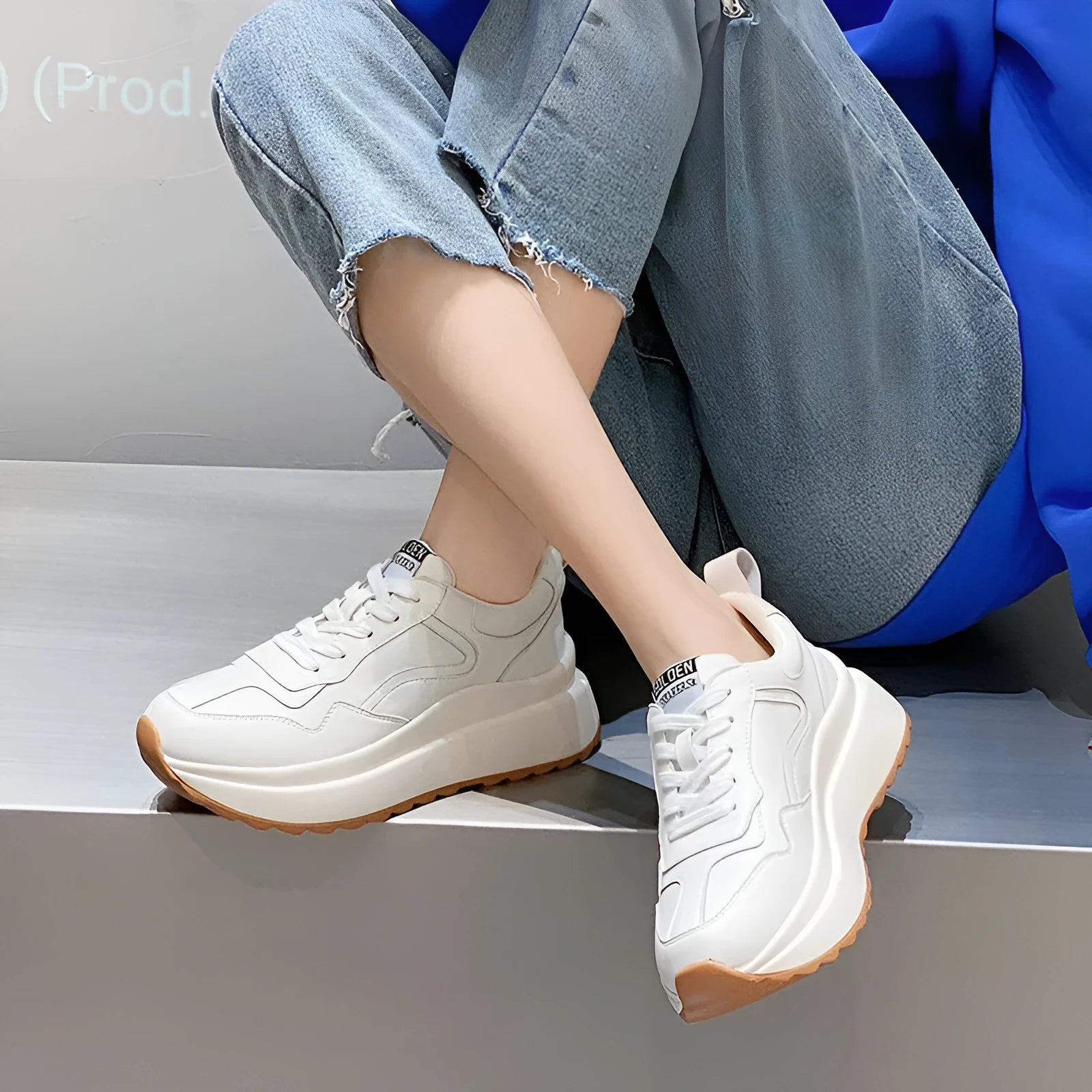 Women's white cowhide leather casual sports shoes with English muffin heel and cross strap front lace-up