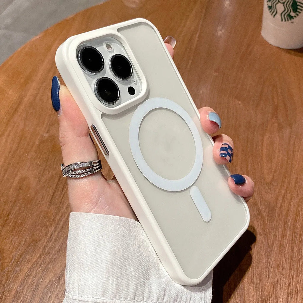 Transparent acrylic Magsafe phone case for iPhone with magnetic ring, shown in multiple colour options