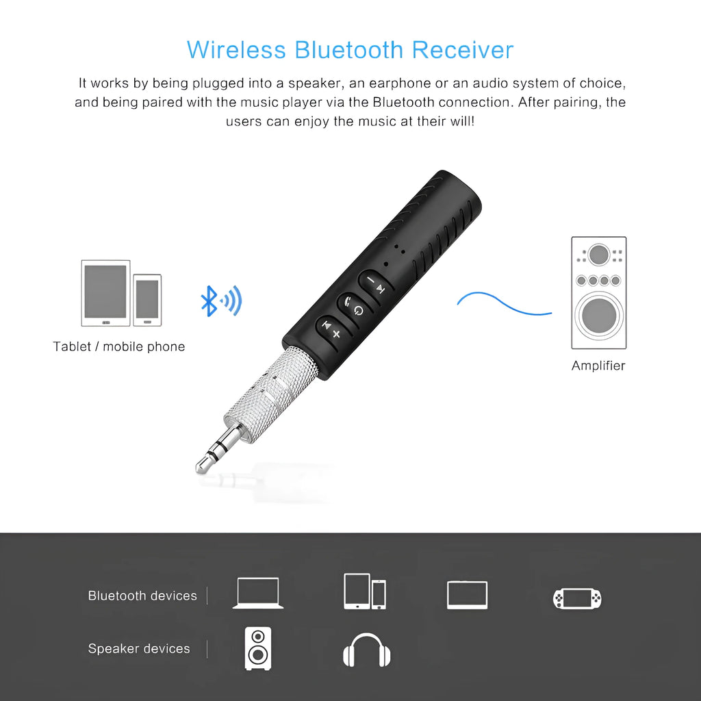 Black plastic Bluetooth audio receiver with 3.5mm plug and Mini USB port, size 1.4 x 1.5 x 5.8 cm