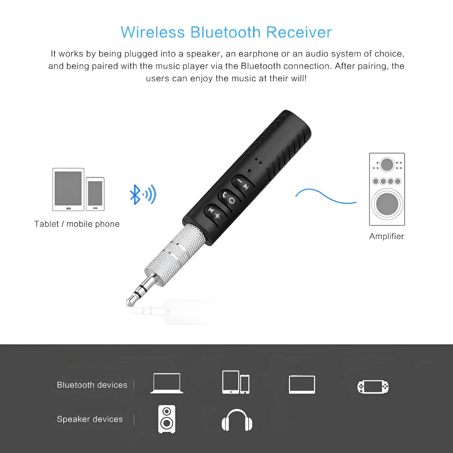 Black plastic Bluetooth audio receiver with 3.5mm plug and Mini USB port, size 1.4 x 1.5 x 5.8 cm