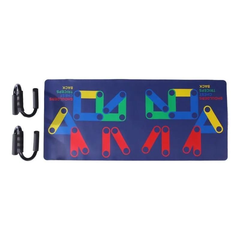 9 in 1 push up rack training board with colour-coded chest, shoulders, back, and triceps zones, leather mat, and two foam handbars