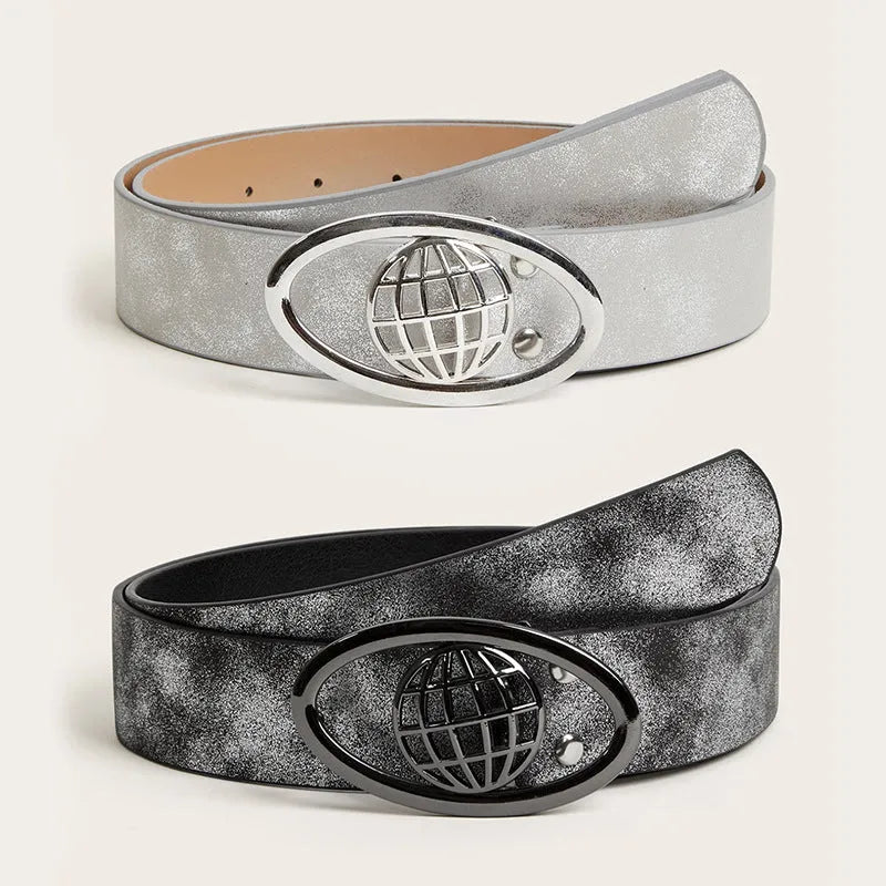 Retro thick grey and white women's belt with oval-shaped antique alloy buckle on PU leather strap.