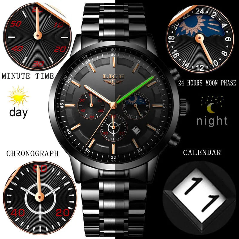 Men's waterproof quartz sports watch in black with rose red blue colour combination