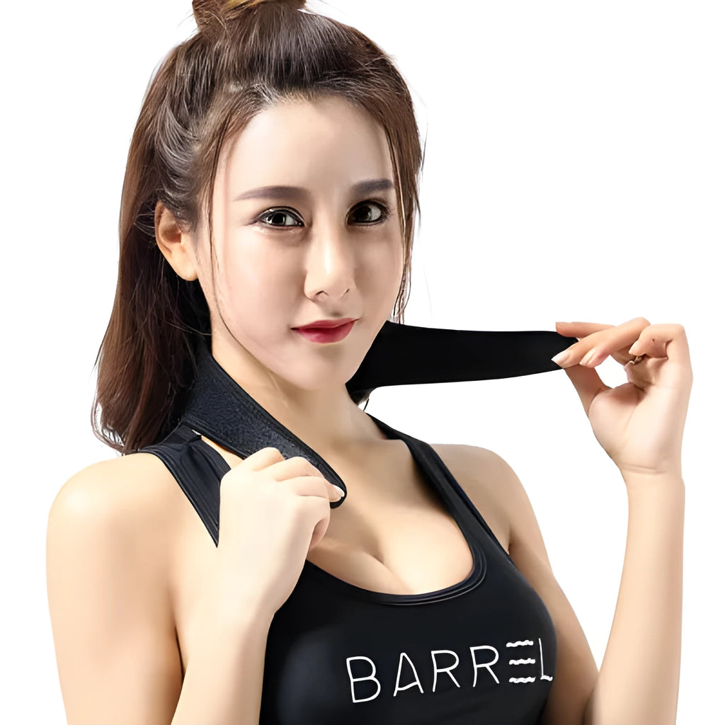 Black adjustable magnetic therapy neck guard with self-heating tourmaline on a flat surface.