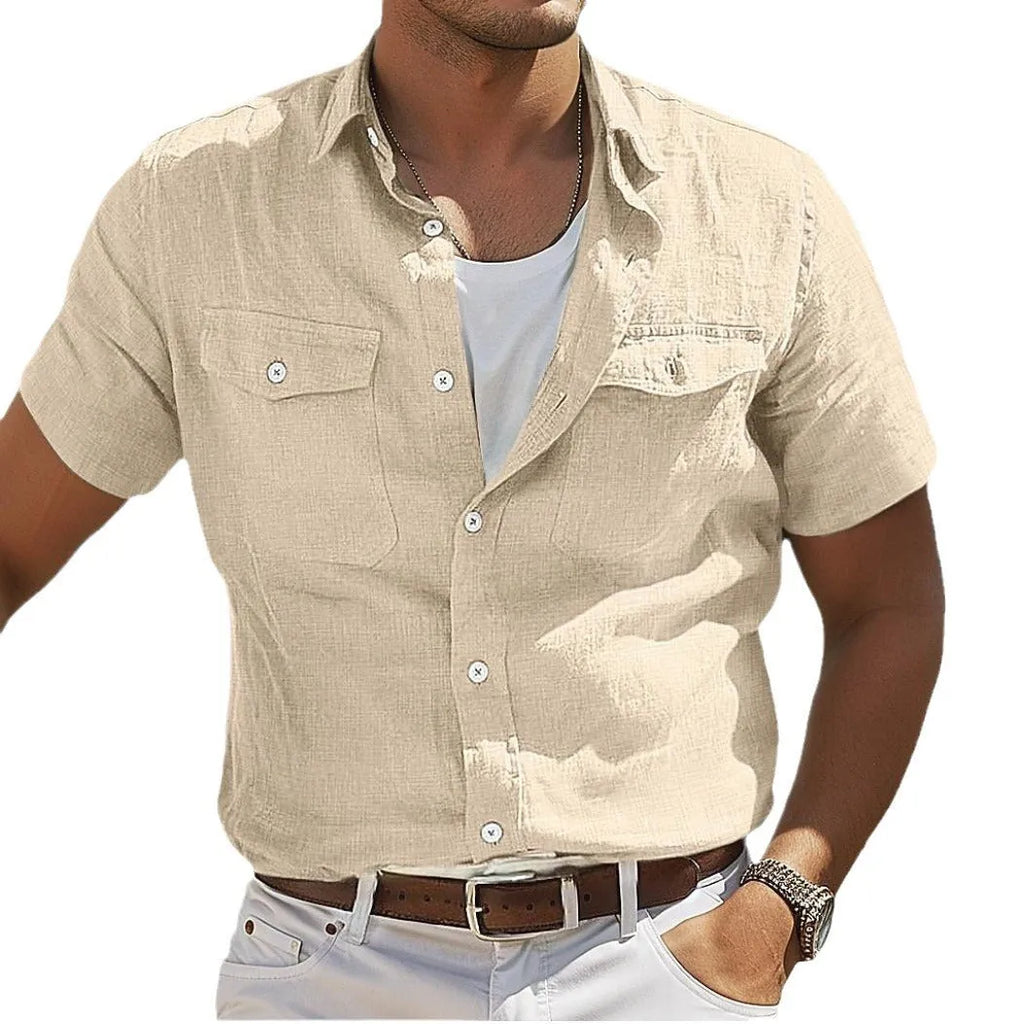 Men's loose fit cotton summer shirt in a solid colour on a hanger