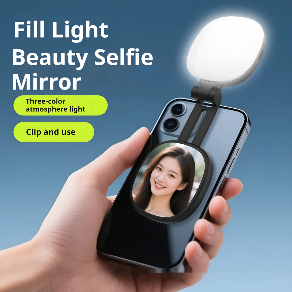 Black and white magnetic mobile phone fill light with mini mirror and three colour temperatures
