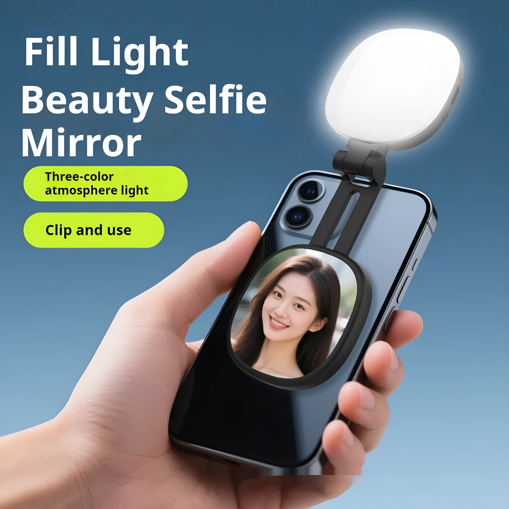 Black and white magnetic mobile phone fill light with mini mirror and three colour temperatures