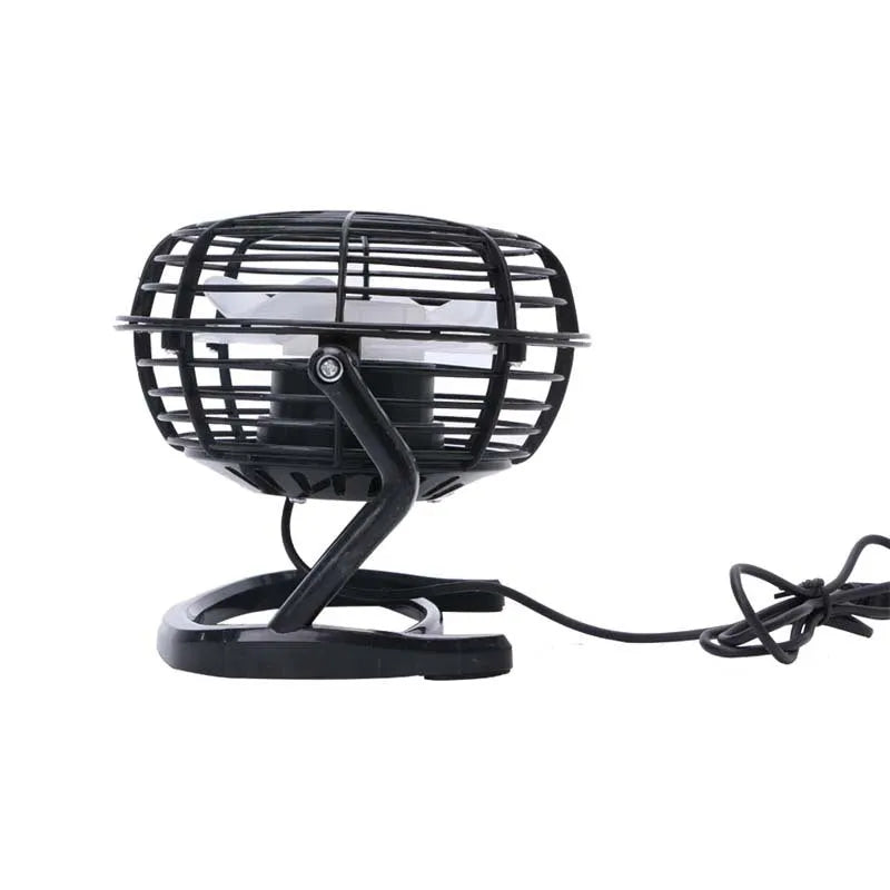 Mini USB desk fan in black colour showing adjustable tilt mechanism and compact 16cm size