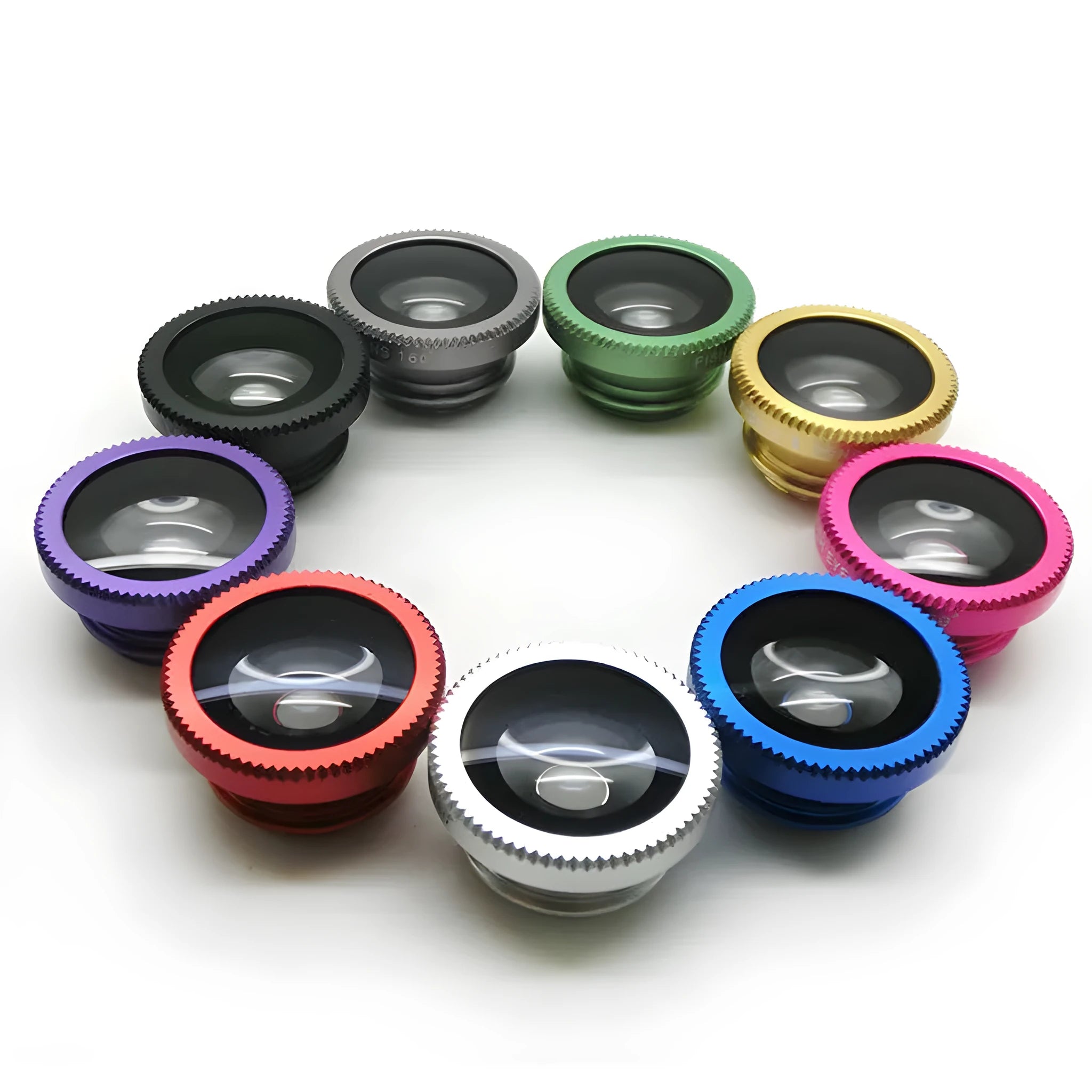 Three mobile phone camera lenses: wide-angle, fisheye, and macro attachments for smartphone photography