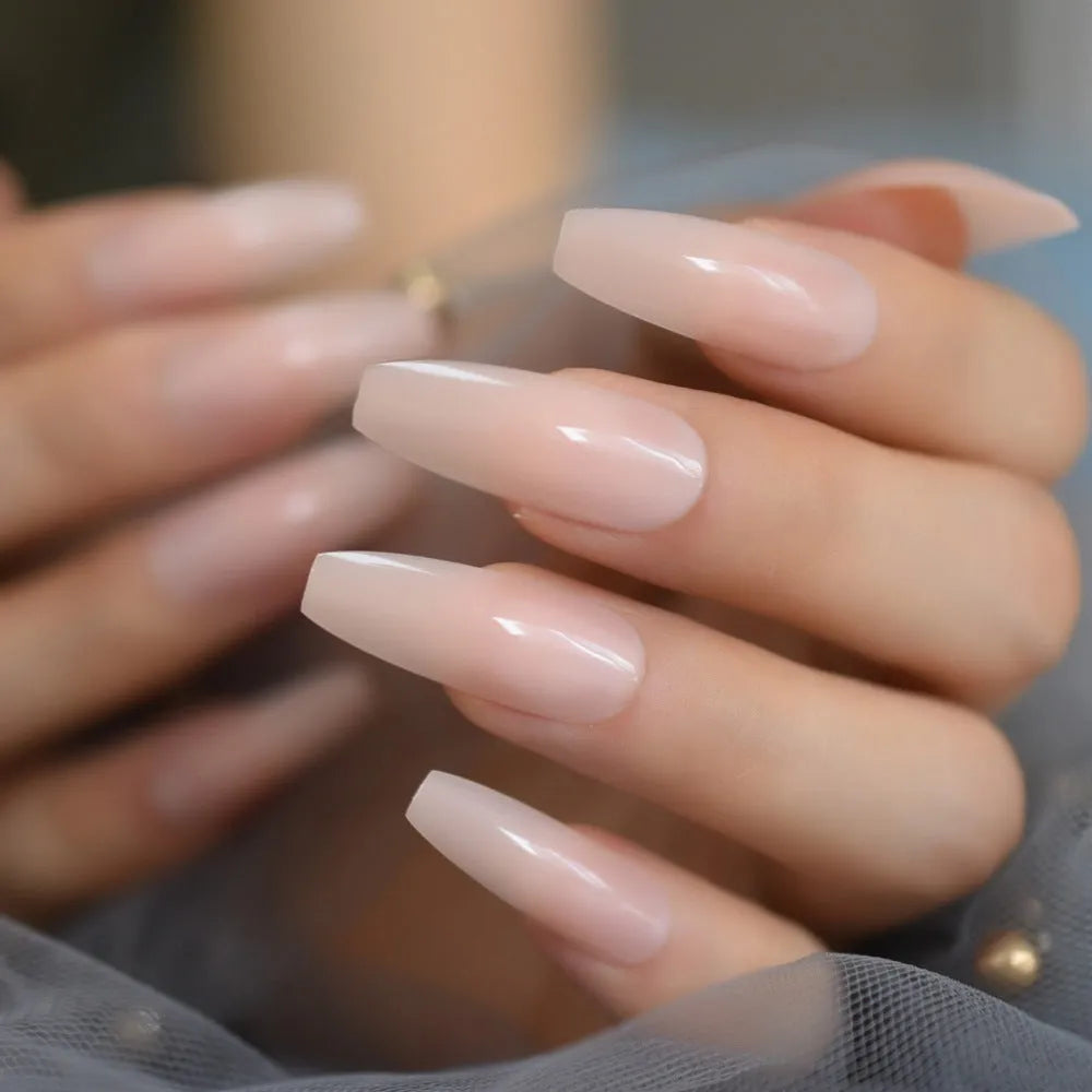 Nude extra long fake nails 24 pcs with glossy UV gel cover in three colours including dark purple, khaki, and light purple