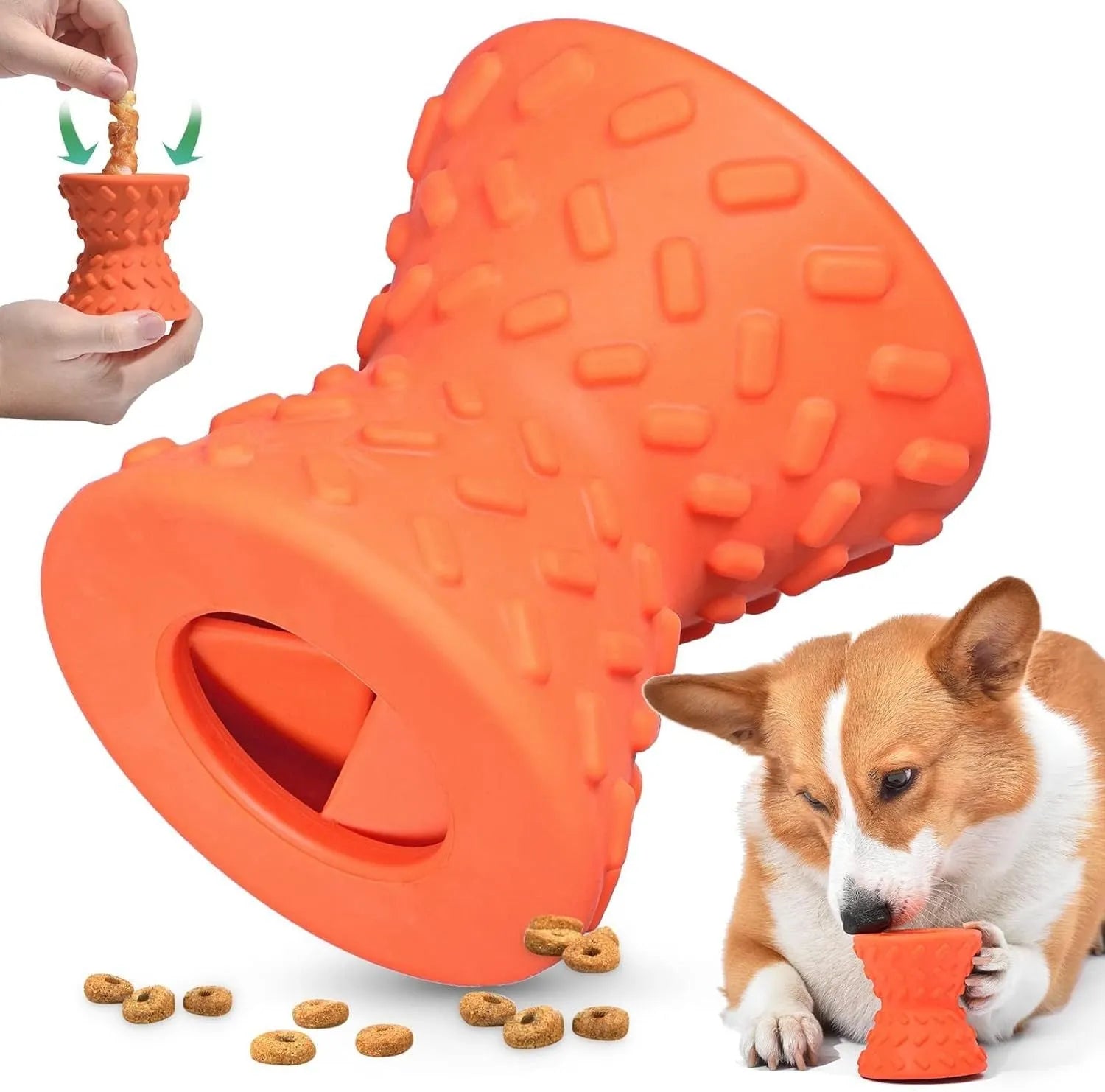 Natural rubber treat dispensing dog toy in bone shape with hollow centre and food leakage holes