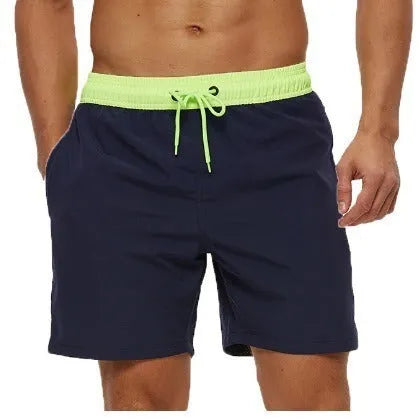 Men's blue stitching waist athletic shorts with zipper pocket and drawstring for running fitness