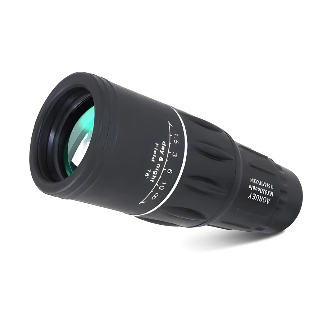 Black 16x52 high-power monocular telescope with 52mm lens and HD green film coating.
