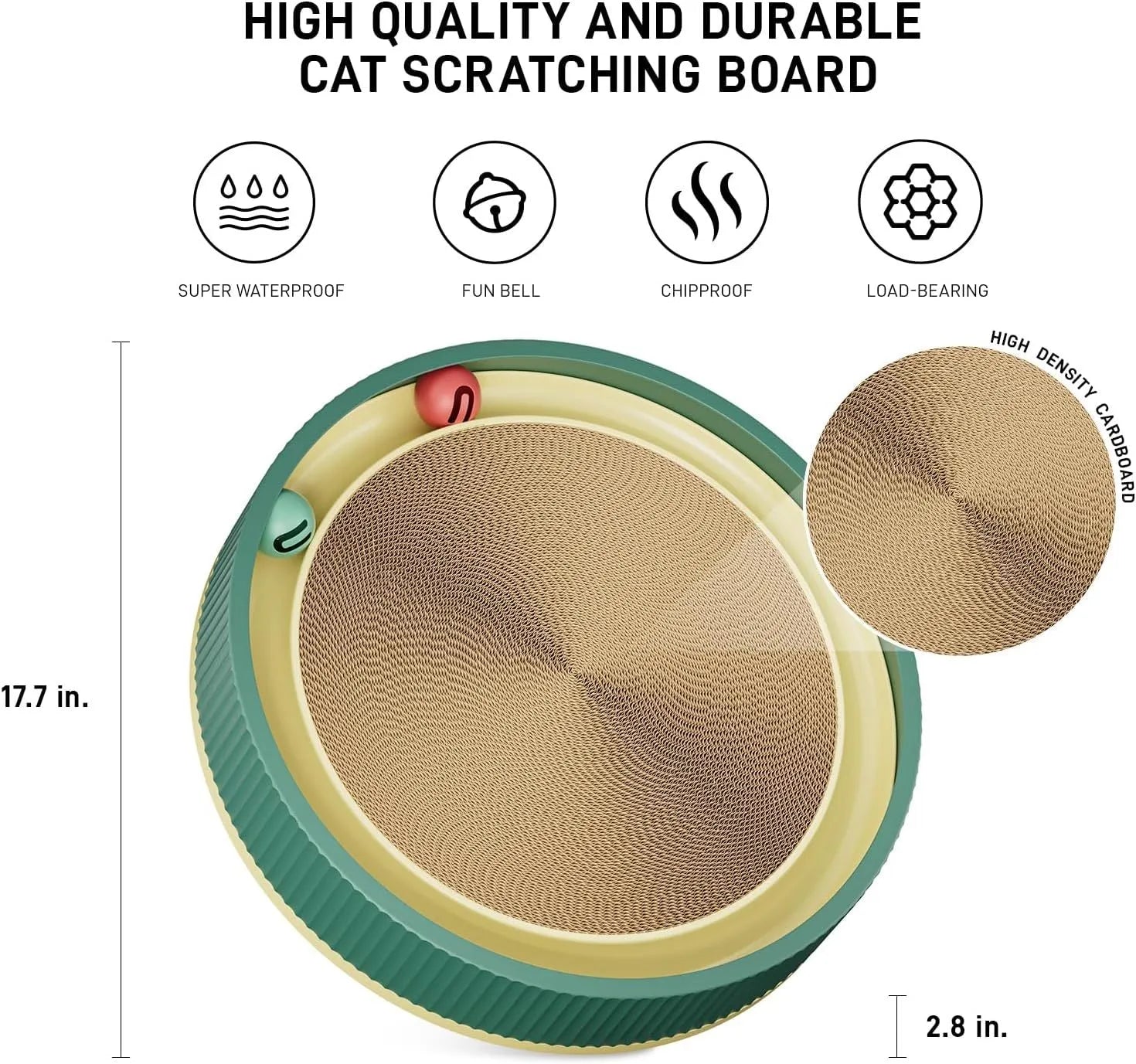 Large circular green cat scratching board with ball track toys and removable centre section
