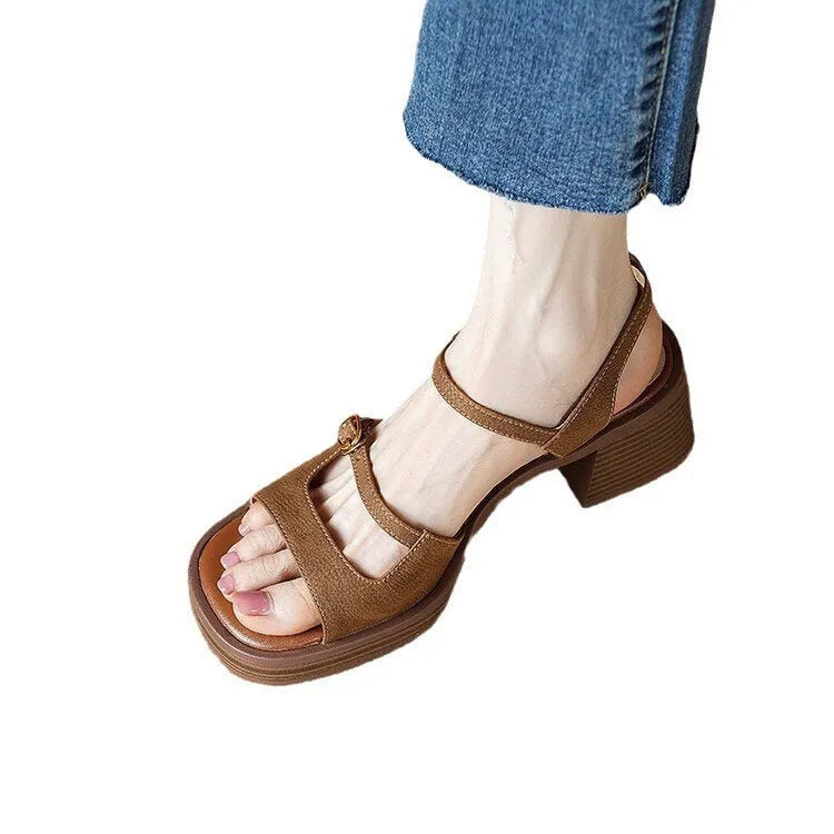 Women's beige open-toe square toe platform sandals with a chunky rubber sole
