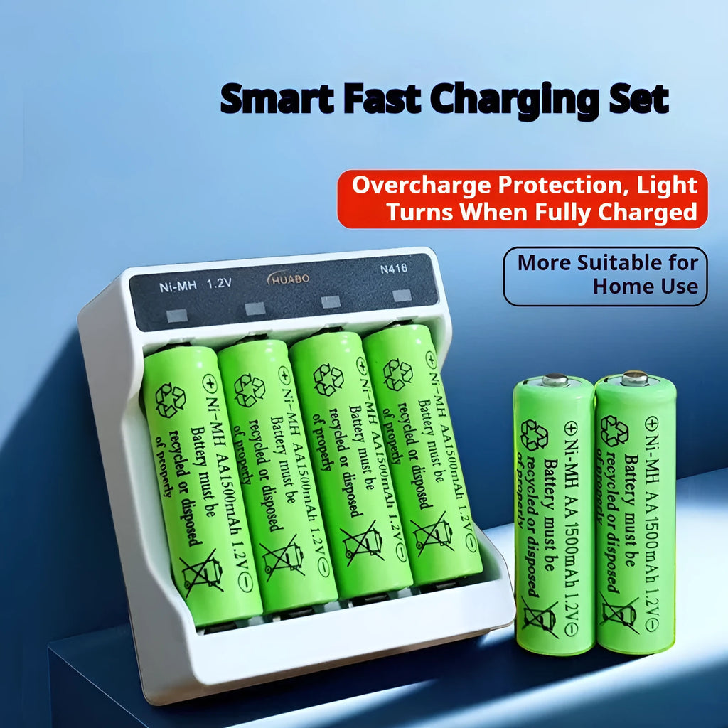 Rechargeable battery set includes AA and AAA Ni-MH batteries with a charger
