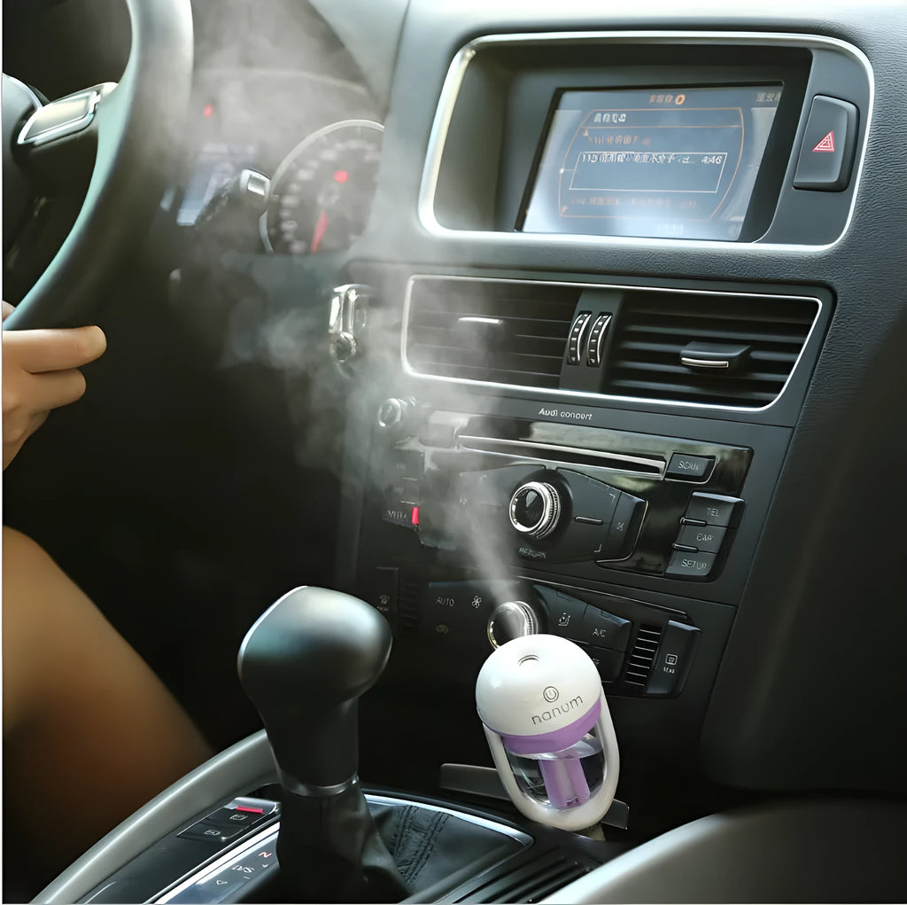 Portable car humidifier with rotating nozzle in blue, green, pink, or purple colours