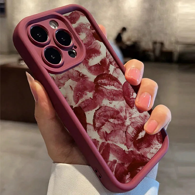 Wine red lip print TPU protective case for Apple iPhone, frosted finish, shockproof design
