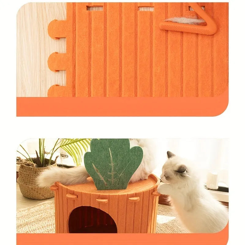 A soft grey felt cat tunnel nest shaped like a carrot, shown in a semi-enclosed tunnel design.