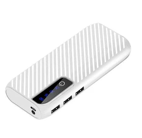 Black 20000mAh portable mini power bank showing USB ports, placed next to a smartphone for scale.