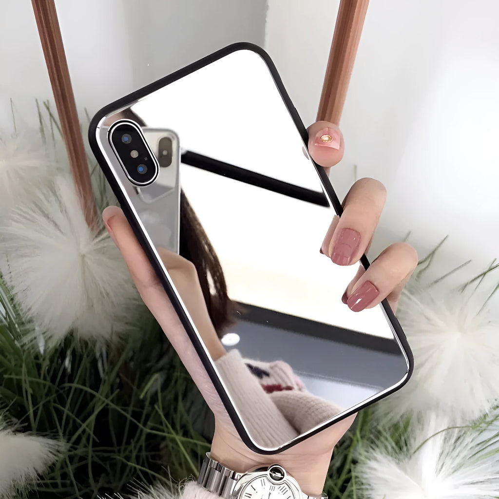Black iPhone case with a square glass mirror on the back, compatible with iPhone 7 Plus, 8 Plus, and X models.
