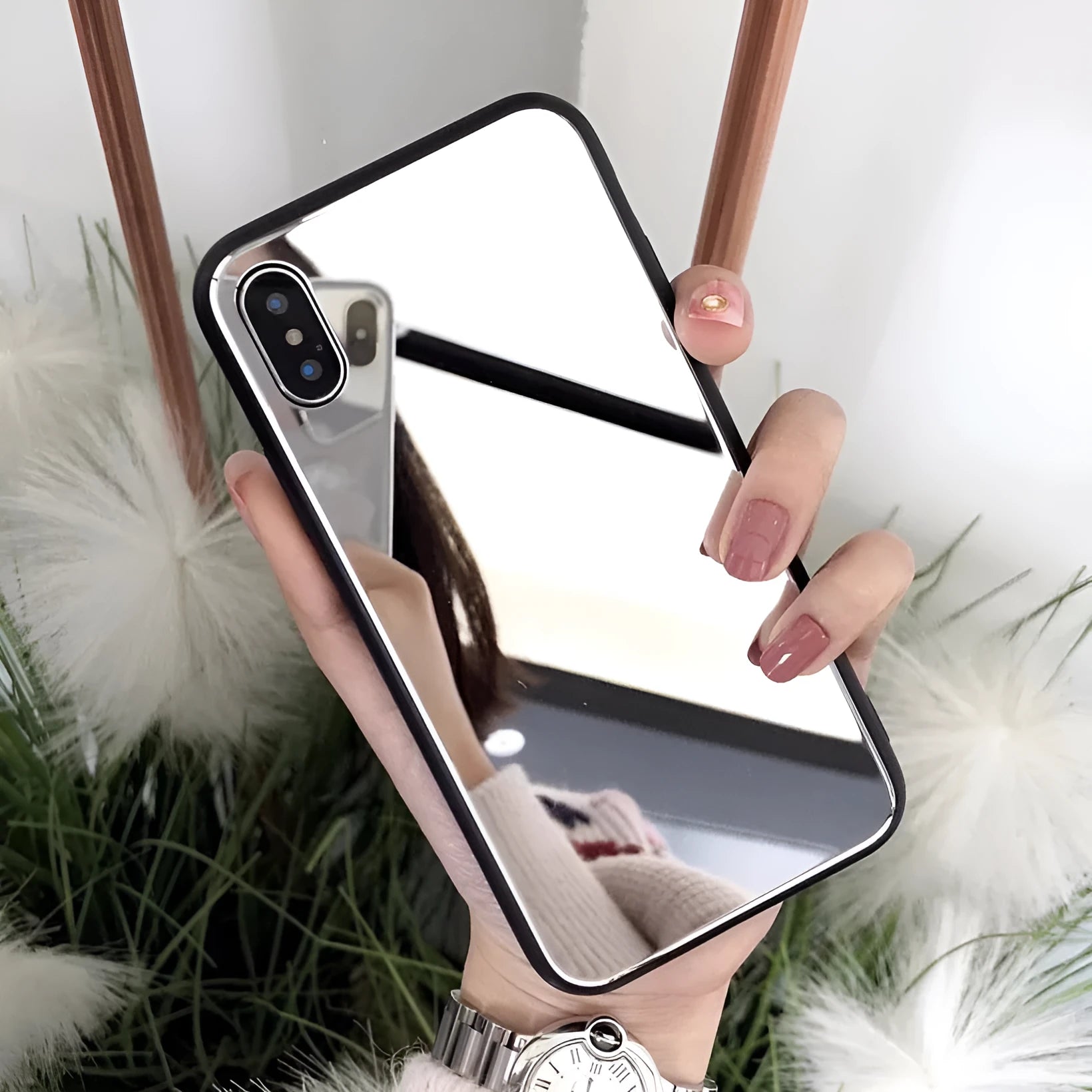 Black iPhone case with a square glass mirror on the back, compatible with iPhone 7 Plus, 8 Plus, and X models.