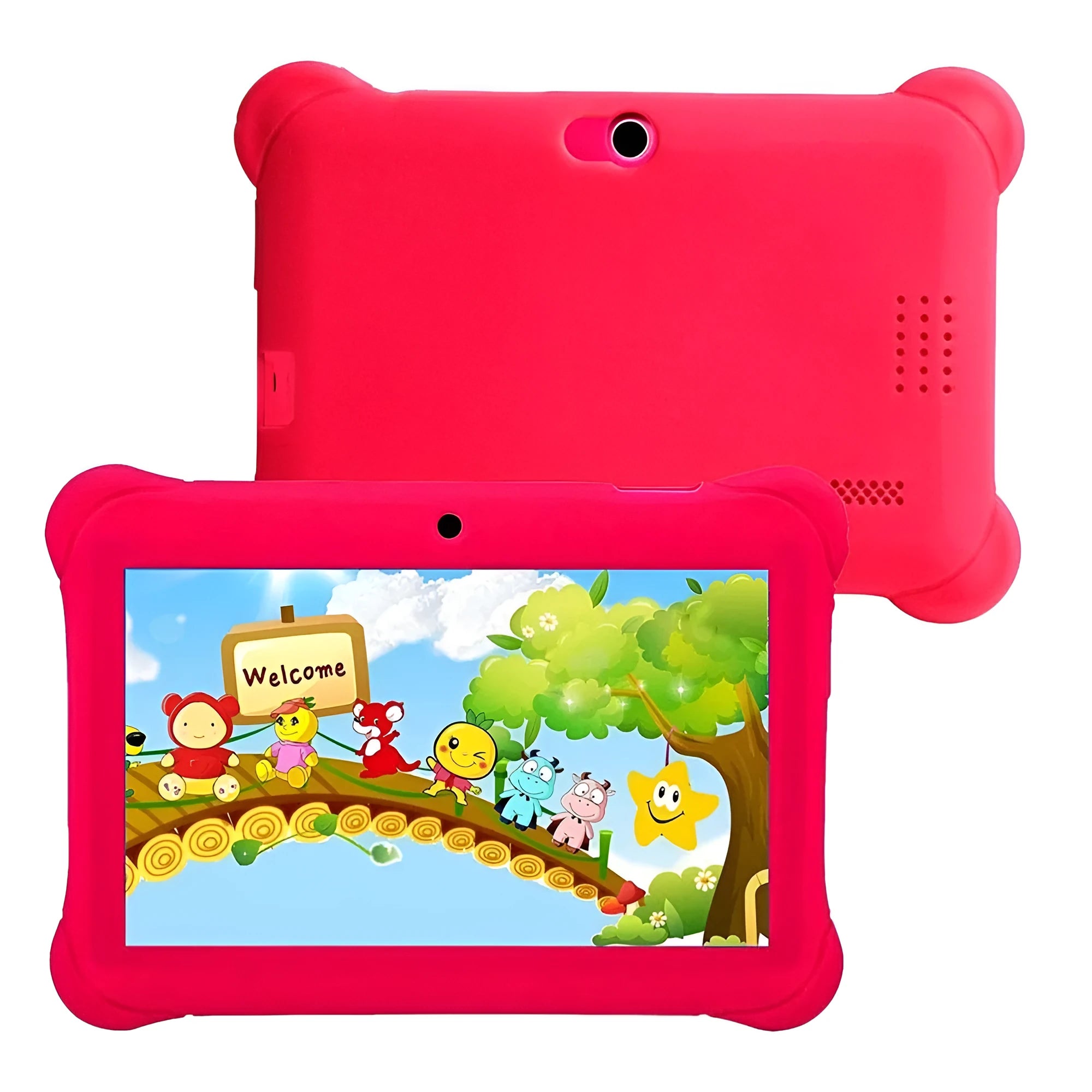 Children's tablet with 7-inch capacitive touch screen in black, showing front view with home button