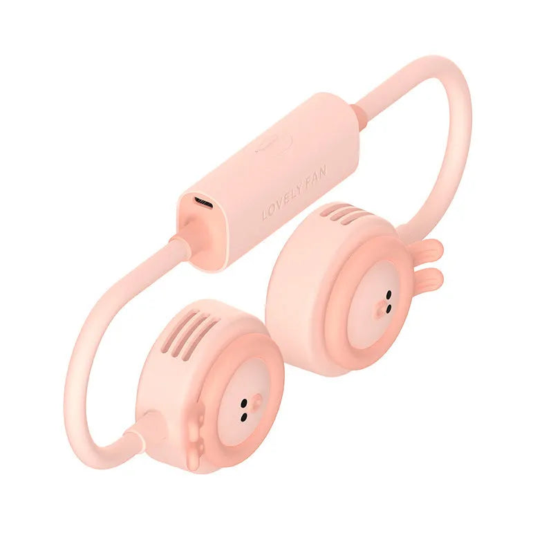 Pink and blue leafless hanging neck fan shown in folded and unfolded positions, displaying its compact size.