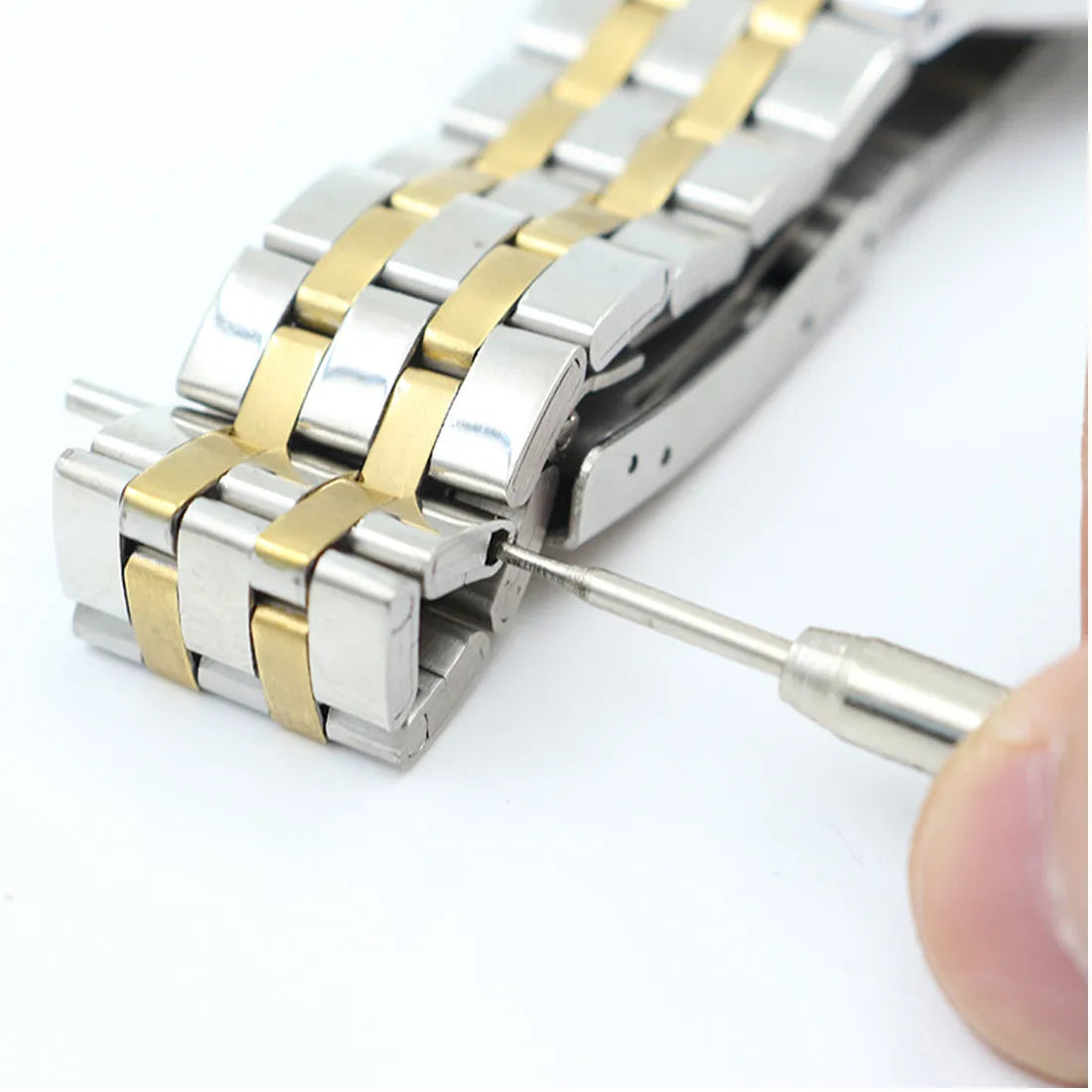 Stainless steel spring bar remover tool with dual tips, 8.5cm long, for watch band repair